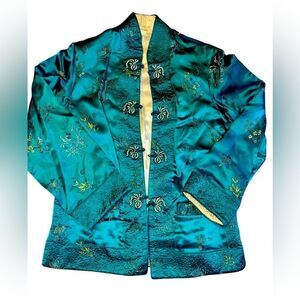 Vtg Solz Squirrel Aqua Blue Floral Reversible Kimono Embroidered Jacket Sz Small